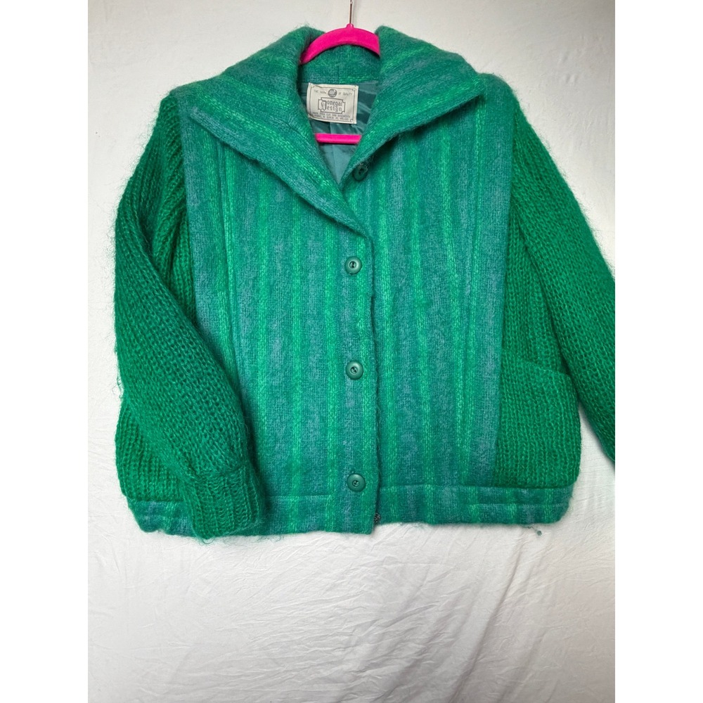 Donegal Design Vintage Handwoven Mohair Wool Jacket Green Irish Knit Coat L XL